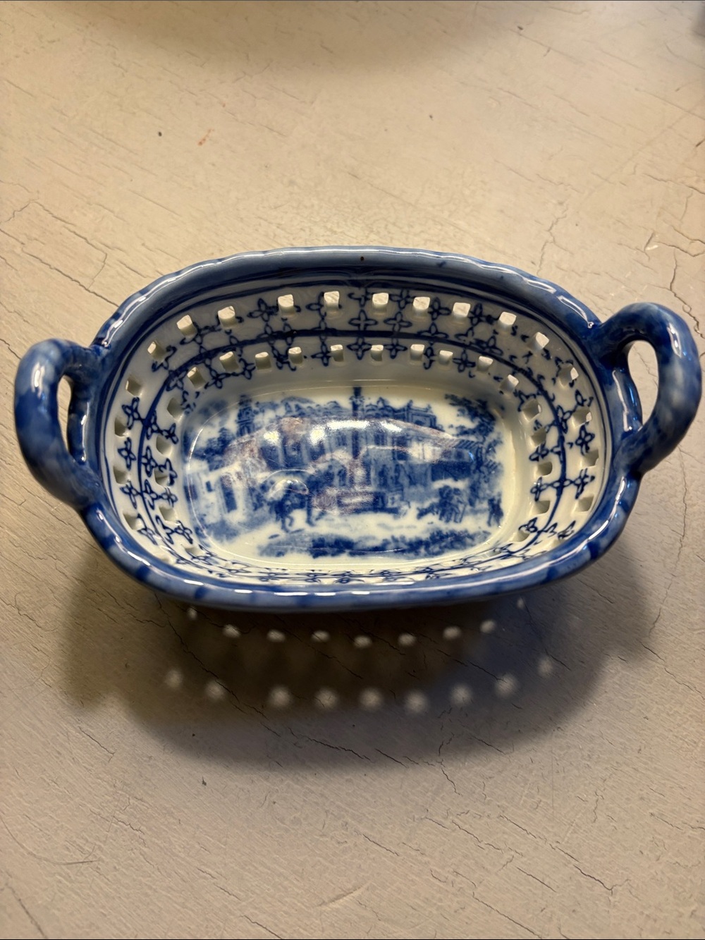 Blue & White Ceramic Handle Porcelain Colander Trinket Bowl